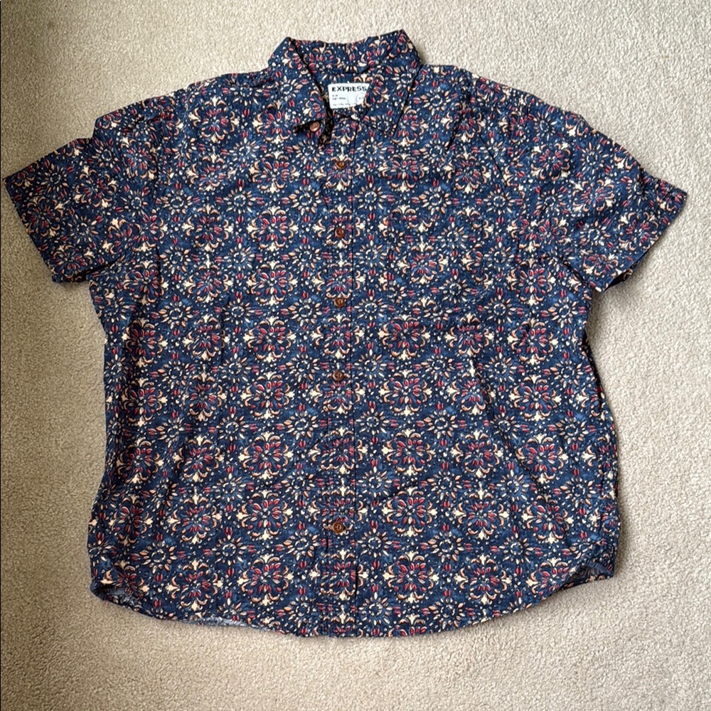 Express Blue and Orange Casual Button Down Shirt